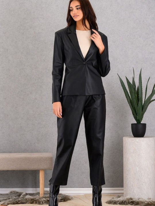 Derpouli Women's Leather Blazer Black