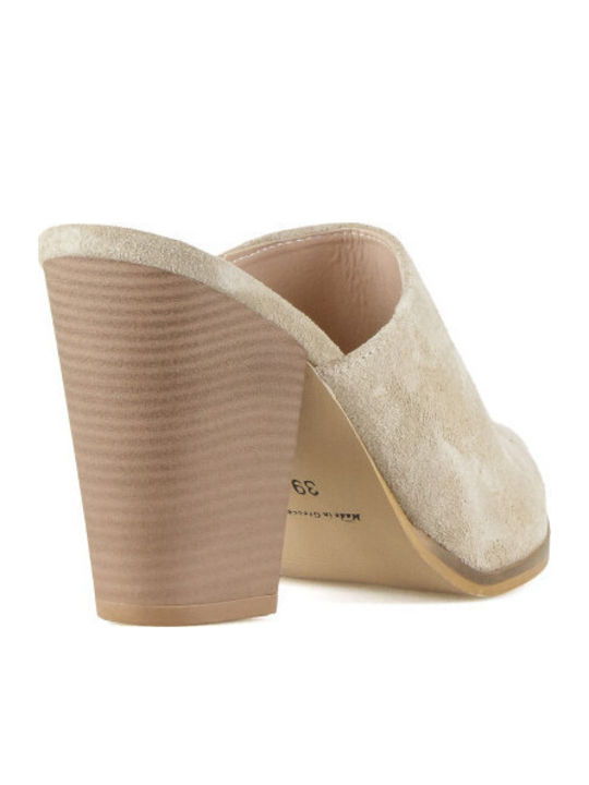 Suede Mules with High Heel in Brown Color