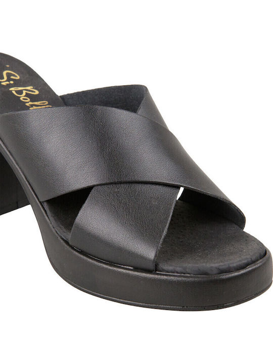 Leather Mules with High Heel in Black Color