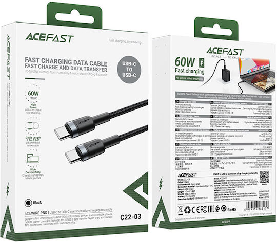 Acefast USB 2.0 Cable USB-C male - USB-C 60W Μαύρο 1.2m