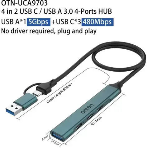 Onten Hub 4 Θυρών με σύνδεση USB-A / USB-C Πράσινο