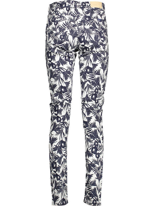 Farla Damen Stoff Hose in Schlanker Passform Blumen Marineblau