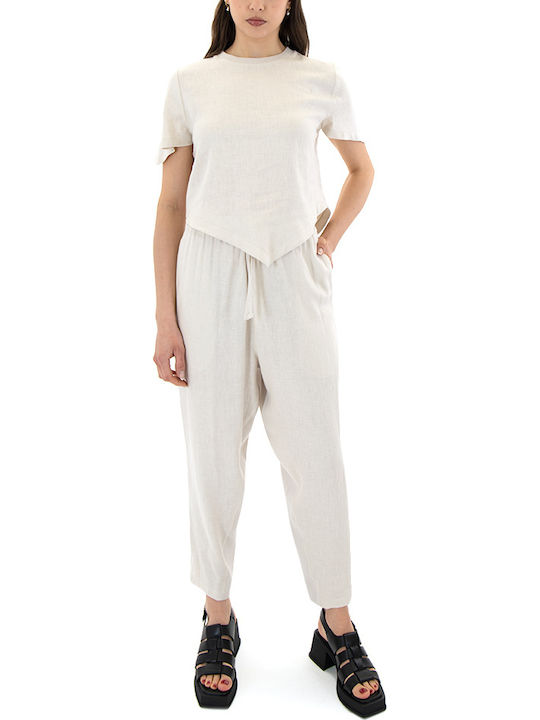Damen Hoch tailliert Leinen Hose Beige