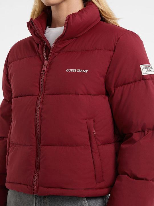 Crop Γυναικείο Puffer Μπουφάν για Χειμώνα Μπορντό
