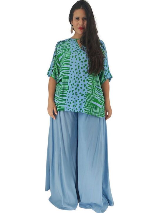 Women's Fabric Trousers with Elastic in Loose Fit Light Blue
