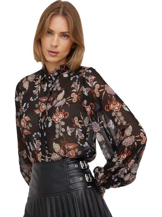 Langärmelig Damen Hemd Schwarz Blumen