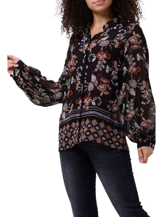 Langärmelig Damen Hemd Schwarz Blumen