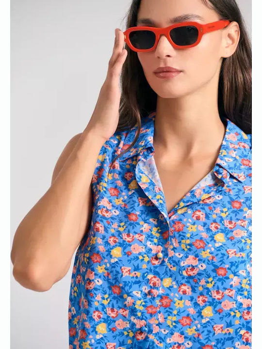 Women's Floral Sleeveless Shirt Blue