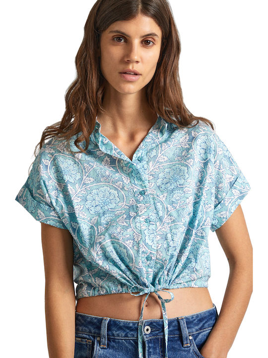 Κοντομάνικο Γυναικείο Τζιν Πουκάμισο Wave Blue Floral
