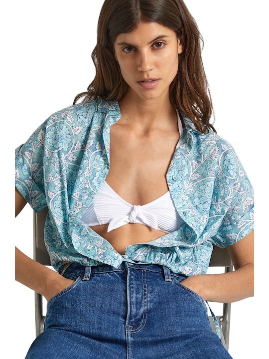 Κοντομάνικο Γυναικείο Τζιν Πουκάμισο Wave Blue Floral