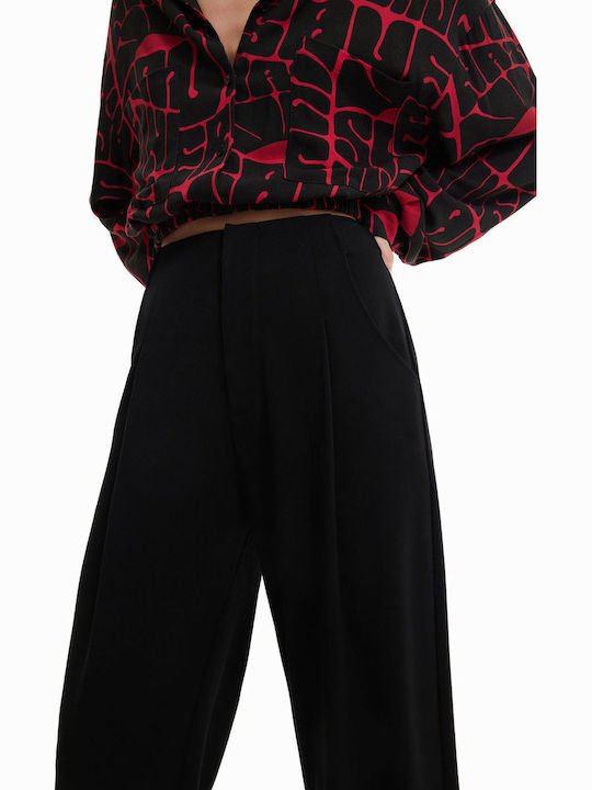 Ra Women's High-waisted Fabric Capri Trousers Carrot Fit Black