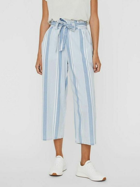Damen Hoch tailliert Stoff Hose in Paperbag Passform Gestreift Hellblau