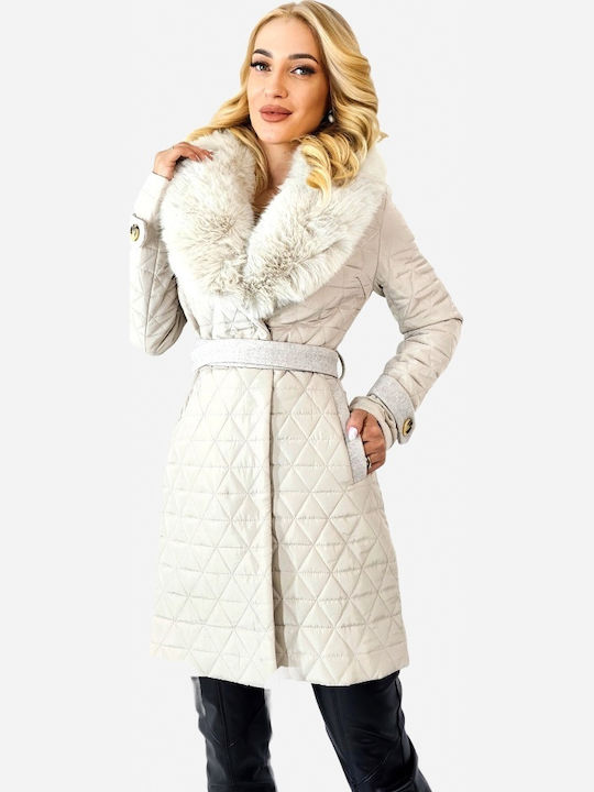 Дамско Cream Палто с кожени детайли