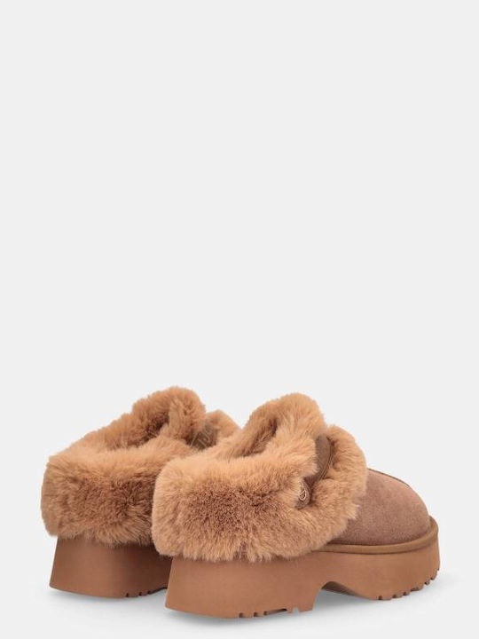 Juny Suede Mules with Heel in Tabac Brown Color