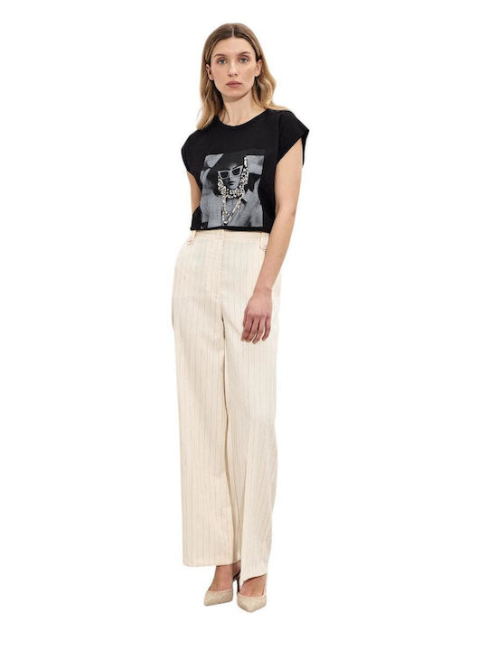 Femei Talie înaltă Din material textil Pantaloni Cu dungi Ecru