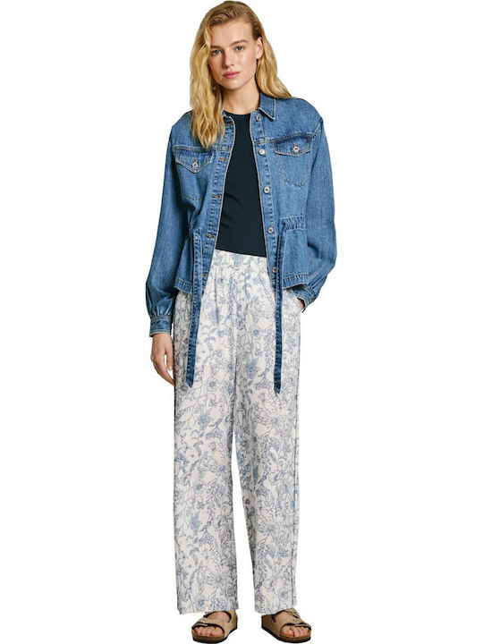 Pantaloni Largi Dama Din In Cu Cauciuc Floral