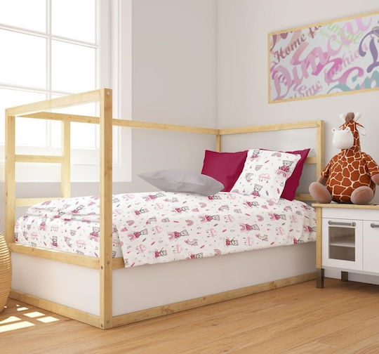 Dimcol Cloudy Bear Baby Sheet Crib Cotton Fitted Pink 70x140cm