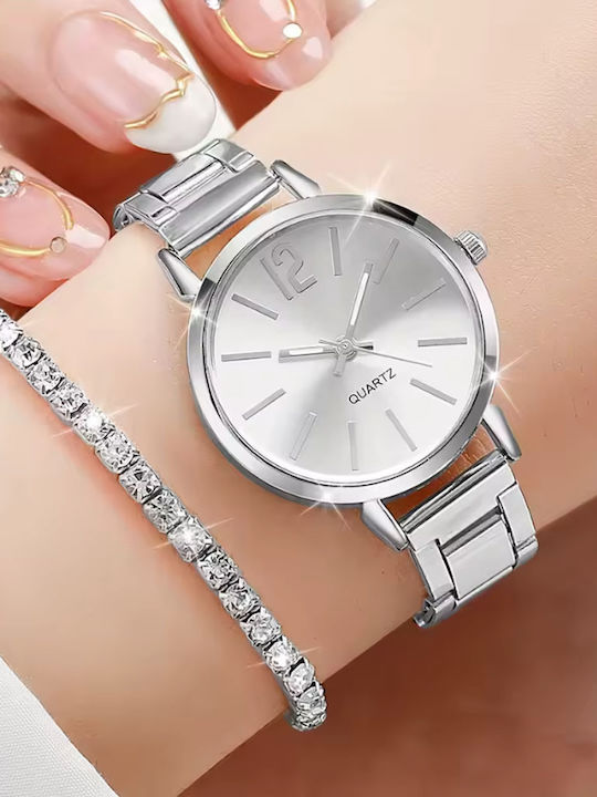Set Bracelet Set Womens Battery Watch with Silver Steel Bracelet