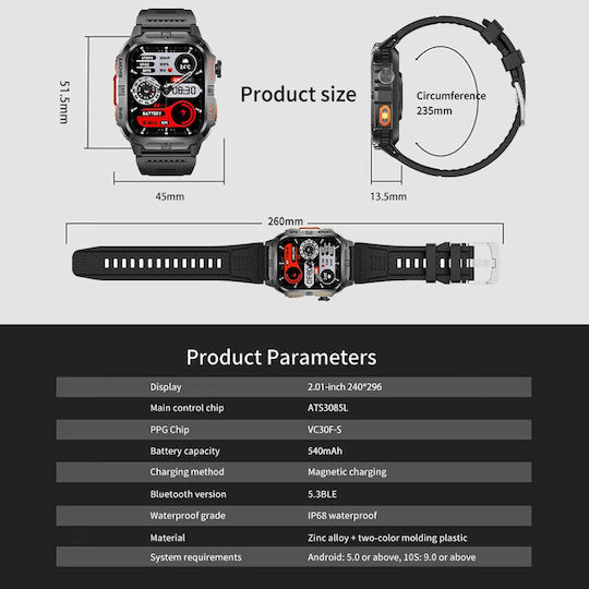Microwear GTH3 Stainless Steel Smartwatch with Heart Rate Monitor (Orange)