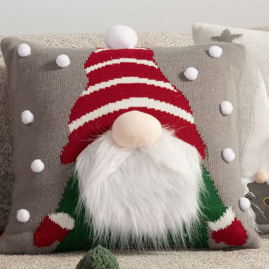 Nef-Nef Homeware Pom Poms Χριστουγεννιάτικη Διακοσμητική Μαξιλαροθήκη Τετράγωνη Γκρι 40x40εκ.