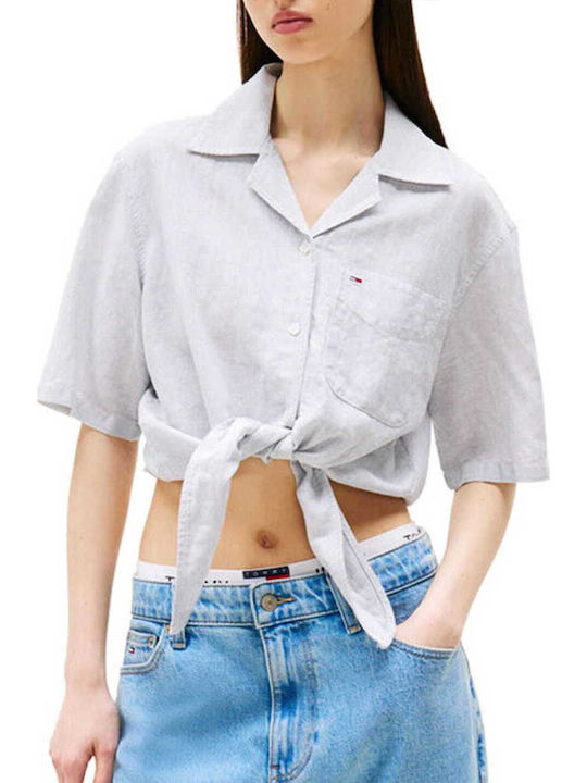 Tommy Jeans Crop Linen Shortsleeve Shirt Blue