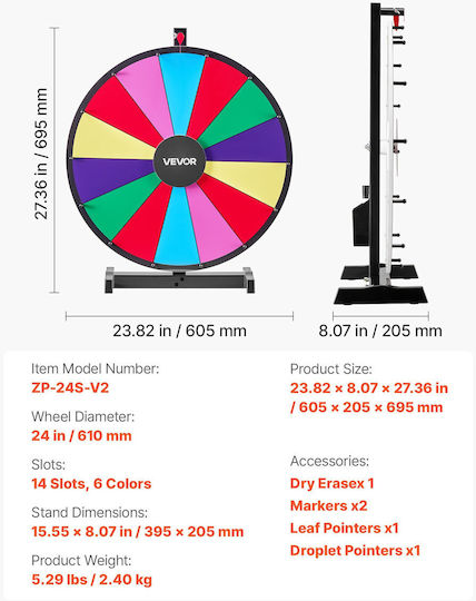 Vevor Τροχός Βραβείων 610 Mm 14 Θέσεων Βάση Επιτραπέζια Ρουλέτα Τύχης Πίνακα Γραφής 2 Μαρκαδόρους 6 Χρώματα Εύκολη Συναρμολόγηση Εκδηλώσεις Πάρτι Παμπ Εμπορικές Εκθέσεις Καρναβάλια