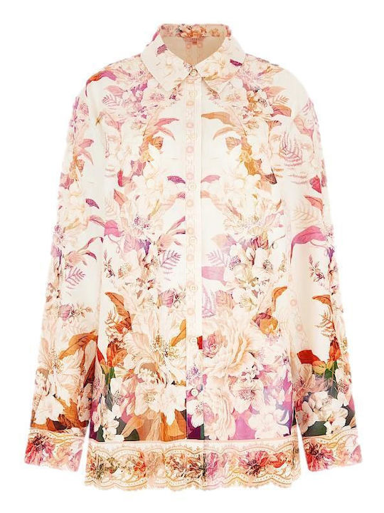 Long Sleeve Women's Linen Beige Floral Shirt