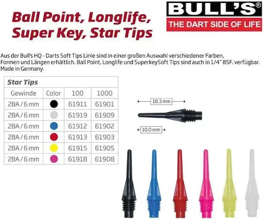 Bull's Star Soft Tips Punkt für Darts Schwarz 6mm 100Stück