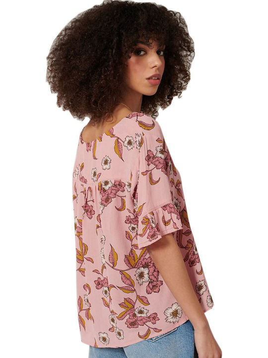 Kurzärmelig Damen Hemd Rosa Blumen