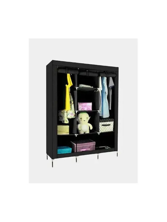 Fabric Wardrobe with Zipper and Shelves in Black Color 130x45x175cm