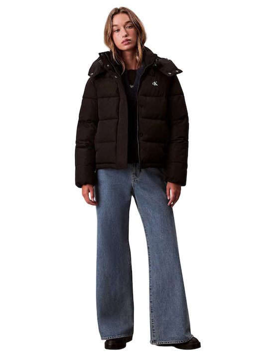 Women's Short Puffer Jacket for Winter with Hood Black