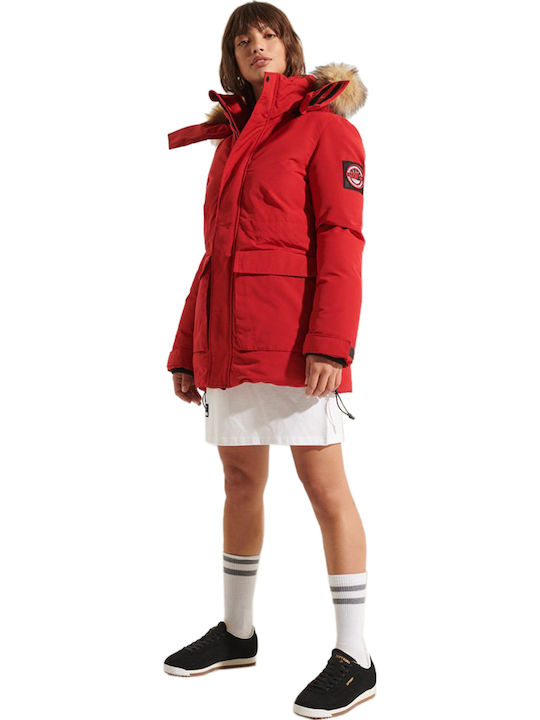 Code Everest Women's Long Parka Jacket for Winter with Detachable Hood Red