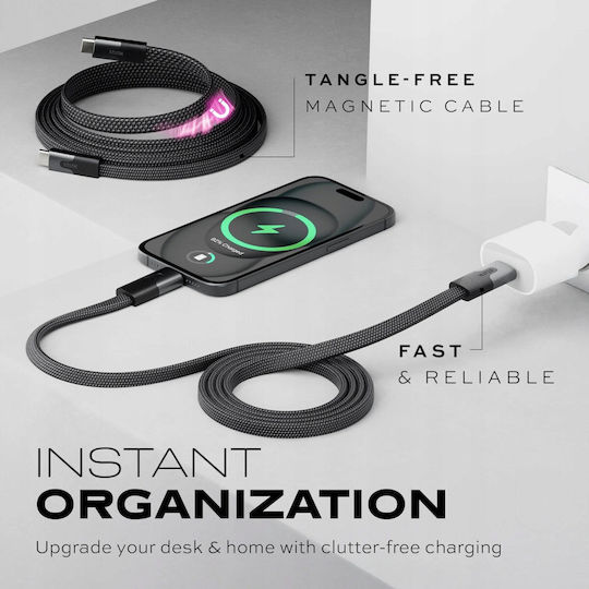 Statik MagStack Slim Pro Flat / Magnetic / Braided USB 2.0 Cable USB-C male - USB-C 100W PD Μαύρο 1m