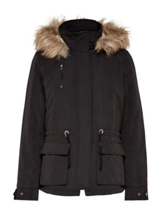 Women's Short Parka Jacket for Winter with Detachable Hood Black