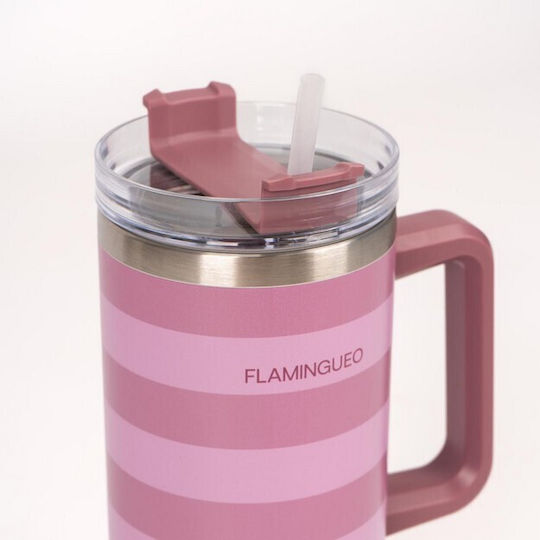 Flamingueo Μπουκάλι Θερμός Ανοξείδωτο 1.18lt Ροζ με Καλαμάκι και Λαβή