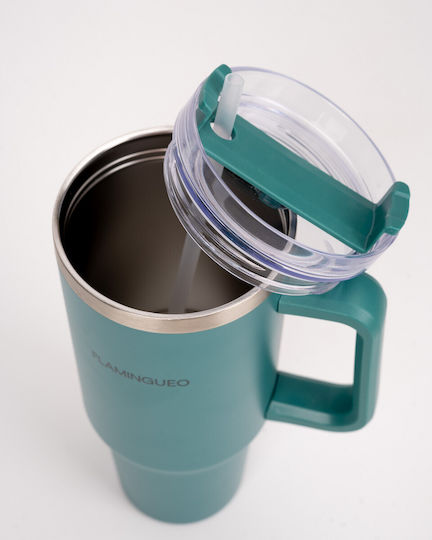 Flamingueo Handled Tumbler Θερμός Ανοξείδωτο 1.18lt Σκούρο Πράσινο με Καλαμάκι και Λαβή