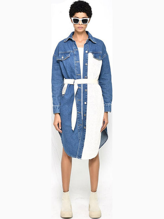 Rochie-Cămașă Midi Din Denim Bicolor