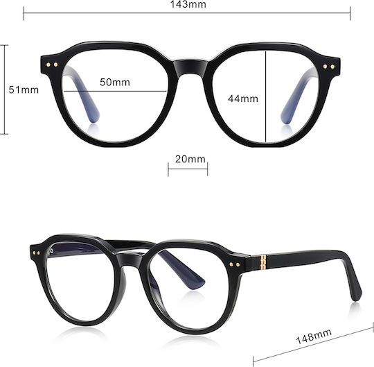 Techsuit Anti-Blue Light Glasses Reflex PC 2228 Men Round TR90 & Metal Frame AC Lens Black
