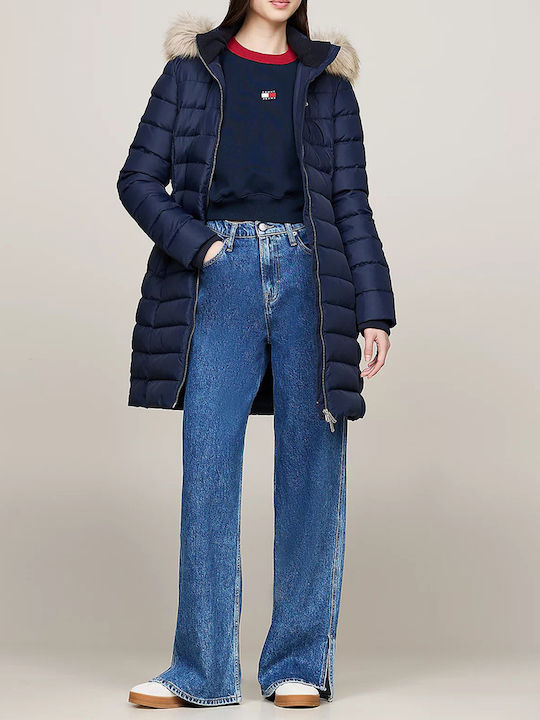 Women's Short Puffer Jacket for Winter with Detachable Hood Dark Blue