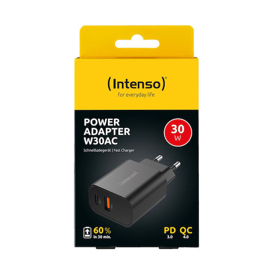 Intenso Φορτιστής Χωρίς Καλώδιο με Θύρα USB-A και Θύρα USB-C 30W Μαύρος (W30AC)