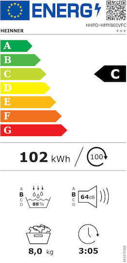 Heinner HHPD-HMY80IVFC+ Στεγνωτήριο 8kg με Αντλία Θερμότητας