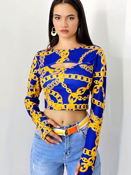 Damen Sommer Crop Top Langarm Blue