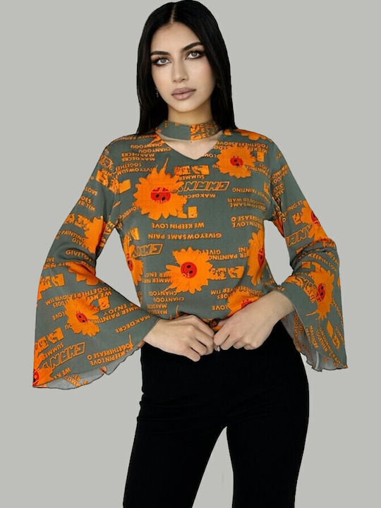 Bluza Damă De Vară Mânecă Lungă Cu Decolteu Tip Zâmbet Floral Portocaliu