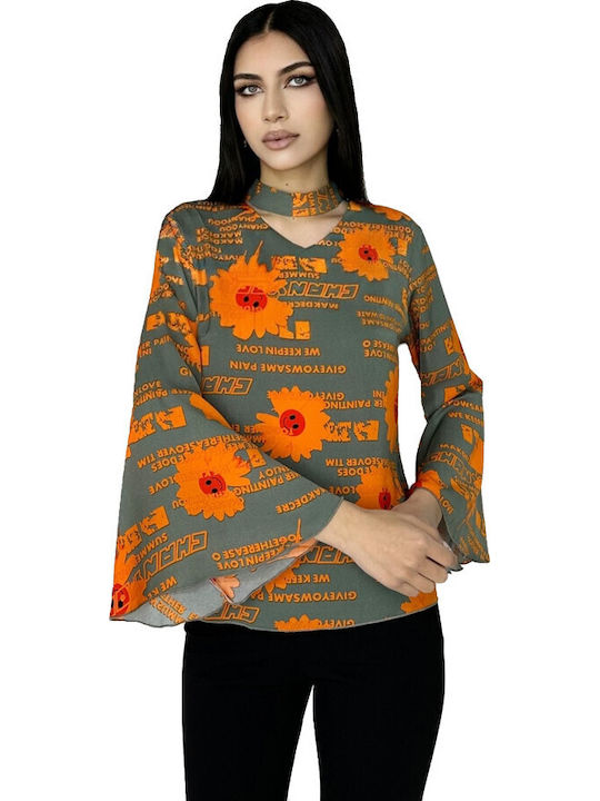 Bluza Damă De Vară Mânecă Lungă Cu Decolteu Tip Zâmbet Floral Portocaliu