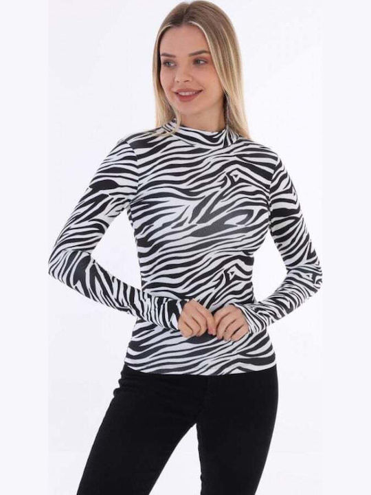 Bluza Damă Mânecă Lungă Crop Pulover Bumbac Cu Guler Înalt Animal Print Zebra