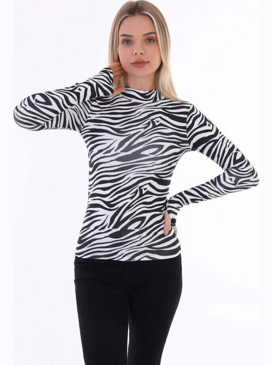 Bluza Damă Mânecă Lungă Crop Pulover Bumbac Cu Guler Înalt Animal Print Zebra