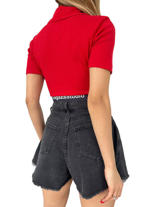 Bluza Damă Crop Top Mâneci Scurte Cu Dungi Roșie