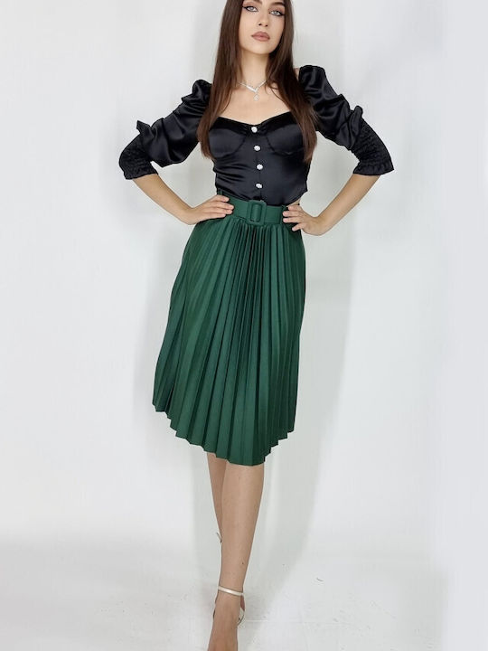 Leather Pleated Midi Skirt Green