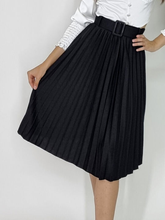 Piele Plisat Midi Fustă Black