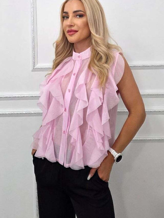 Ärmellos Damen Denim Hemd Pink Druck